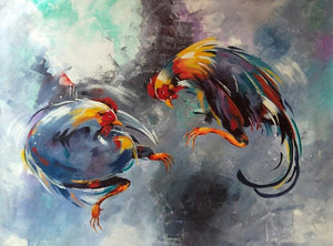 Rooster Brawl (The Duel) by Lisha N T, Original Acrylic Animal Painting on Canvas, Medium Horizontal Wall Art