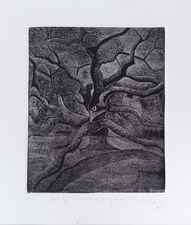 Root Of Existance' nature etching printmaking by artist Ankit Kushwaha, 8x6 inch, on paper