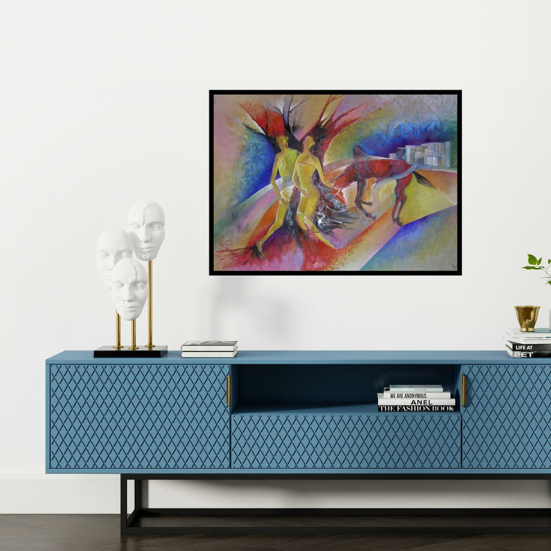Preview of 'Rooted Together' Painting by Shuchi Khanna shown on a wall in a furnished room.