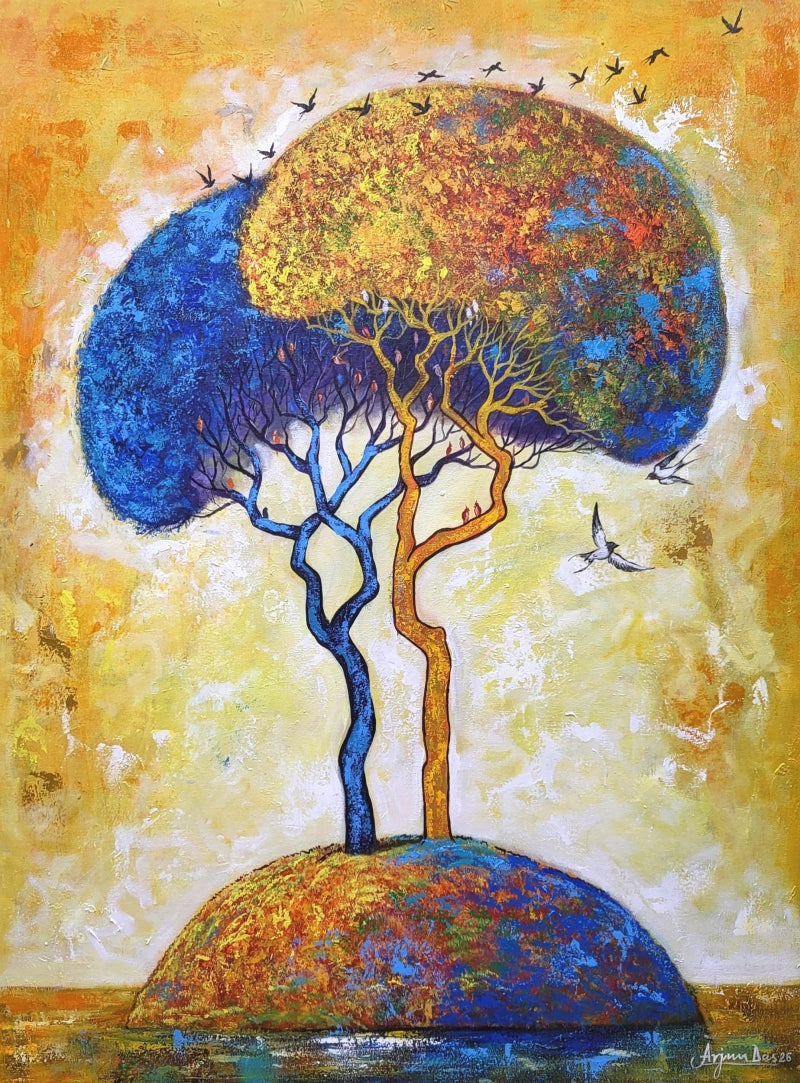 Rooted Of Two Hearts' nature acrylic painting by artist Arjun Das, 48x36 inch, on canvas