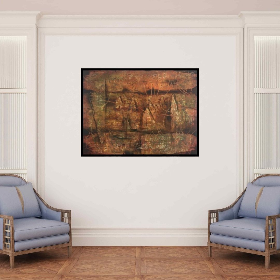 In-situ view of Durshit Bhaskar's 'Roots (Ancient Echoes)' painting in a room