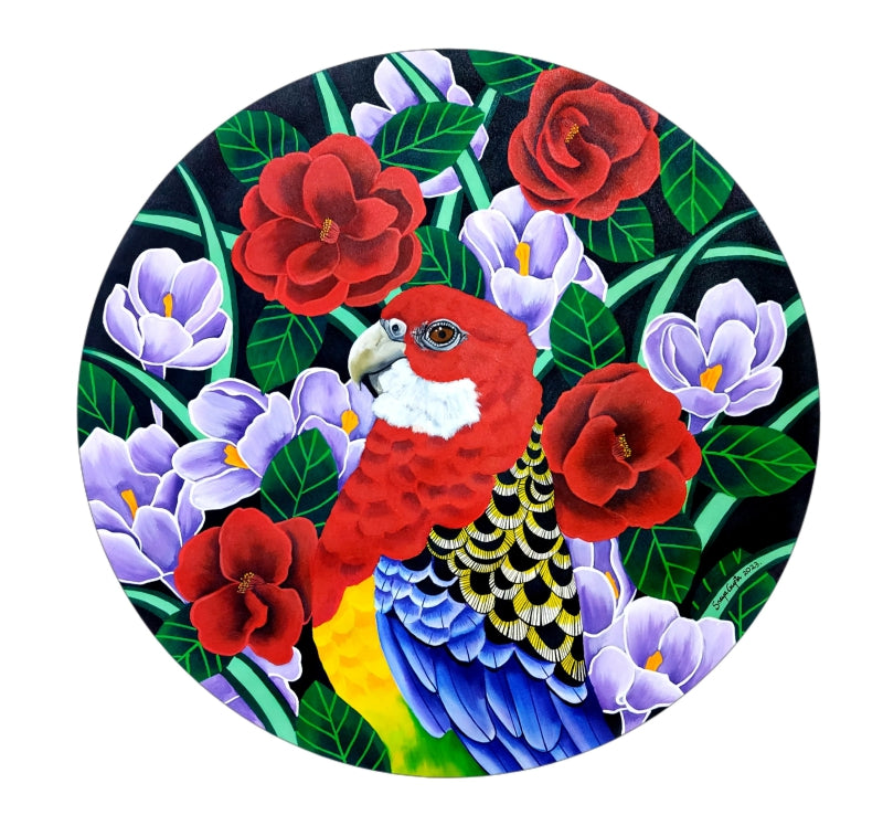 Rosella Rhapsody' nature acrylic painting by artist Sreya Gupta, 28x28 inch, on canvas