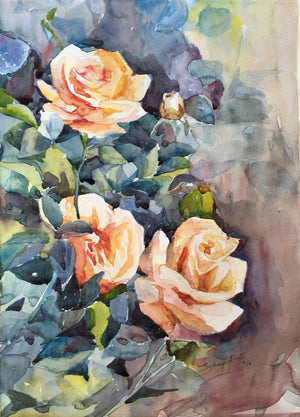 Roses (Roses by Shagufta Mehdi) by Shagufta Mehdi, Original Watercolor Nature Painting on Paper, Small Vertical Wall Art