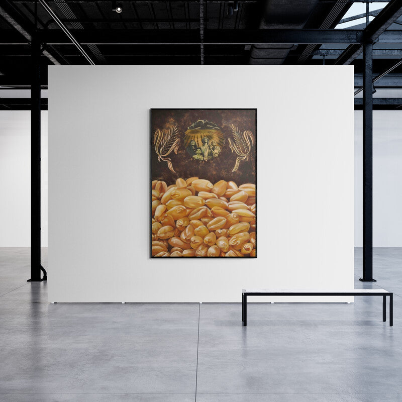 Preview of 'Roti (Golden Bounty)' Painting by Bhavesh Patel shown on a wall in a furnished room.