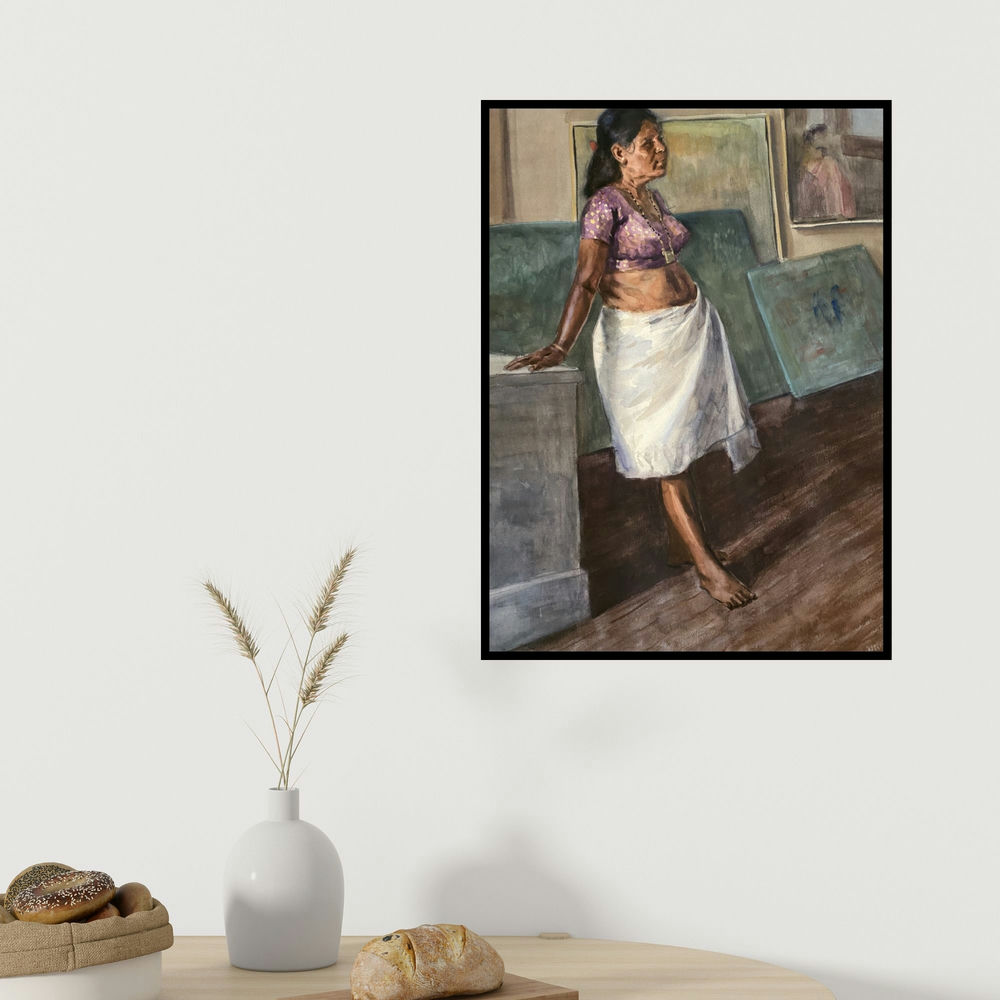 Swapnil Pate's 'Routine' painting visualized above a sofa in a contemporary room.