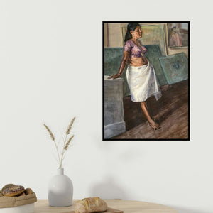 Swapnil Pate's 'Routine' painting visualized above a sofa in a contemporary room.