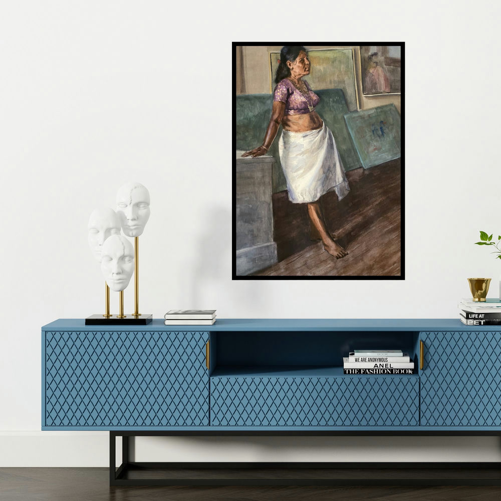 'Routine' painting by Swapnil Pate shown on a wall in a furnished room.