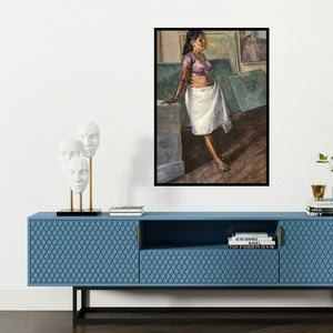 'Routine' painting by Swapnil Pate shown on a wall in a furnished room.