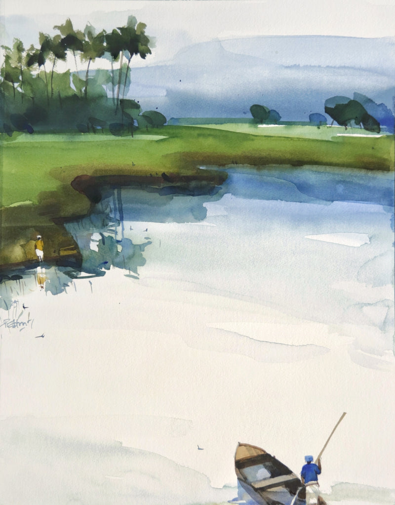 Row Into The Dreamlands 2' landscape watercolor painting by artist Prashant Prabhu, 20x16 inch, on paper board