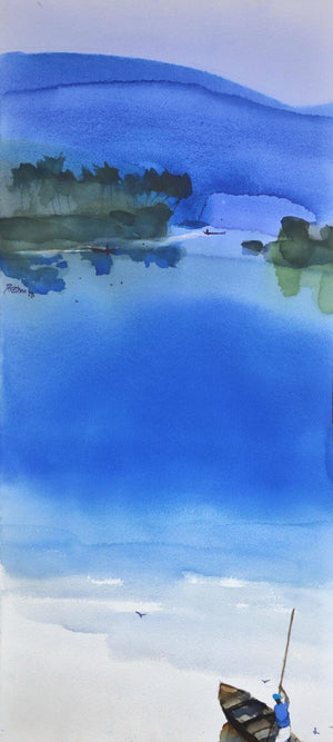 Row Into The Blue Flows (Tranquil Waters) by Prashant Prabhu, Original Watercolor Seascape Painting on Arches Paper, Small Vertical Wall Art