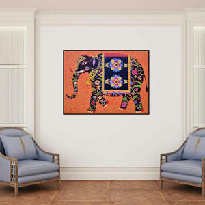 'Royal Elephant 1' painting by Bhaskar Lahiri shown on a wall in a furnished room.
