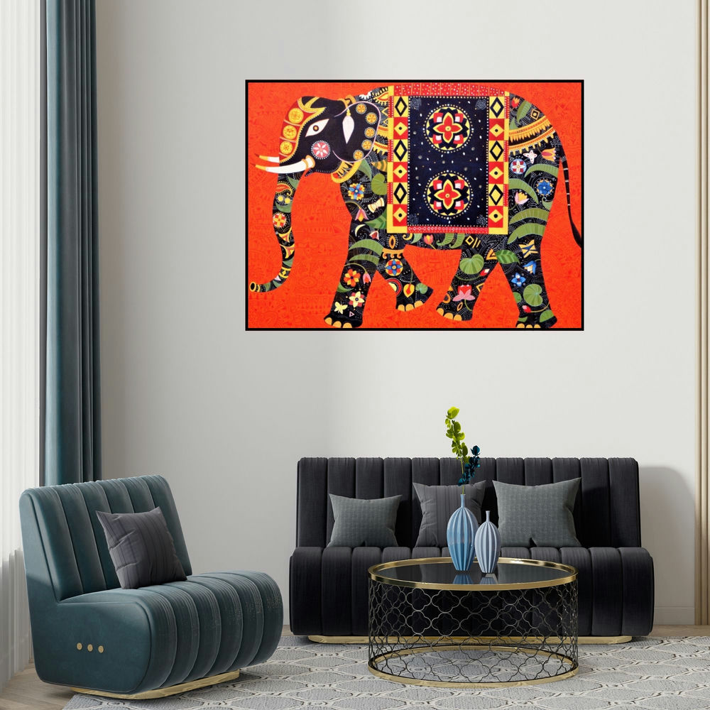 'Royal Elephant 3' painting by Bhaskar Lahiri shown on a wall in a furnished room.