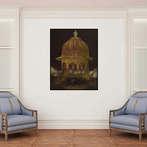 'Royal Gardens' painting by Durshit Bhaskar shown on a wall in a furnished room.