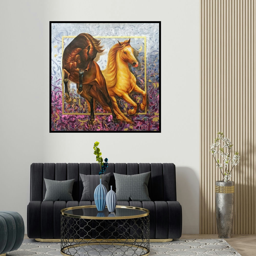 Pradeep Kumar's 'The Royal Horse (A Clash of Titans)' painting visualized above a sofa in a contemporary room.