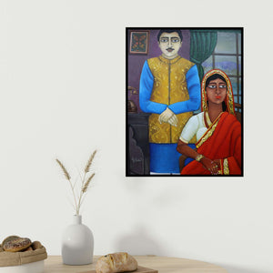 Piyali Sarkar's 'Royal Indian Couple' painting visualized above a sofa in a contemporary room.