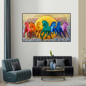 Pradeep Kumar's 'The Royal Rainbow 7 Horses (The Seven Horses)' painting visualized above a sofa in a contemporary room.