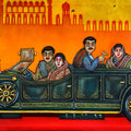 Royals On The Rolls Royce' figurative acrylic painting by artist Piyali Sarkar, 36x72 inch, on canvas