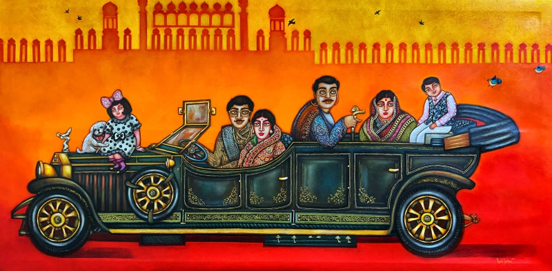 Royals On The Rolls Royce' figurative acrylic painting by artist Piyali Sarkar, 36x72 inch, on canvas