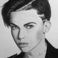 Portrait charcoal drawing titled 'Ruby Rose', 7x7 inches, by artist Joanne Morais on Paper