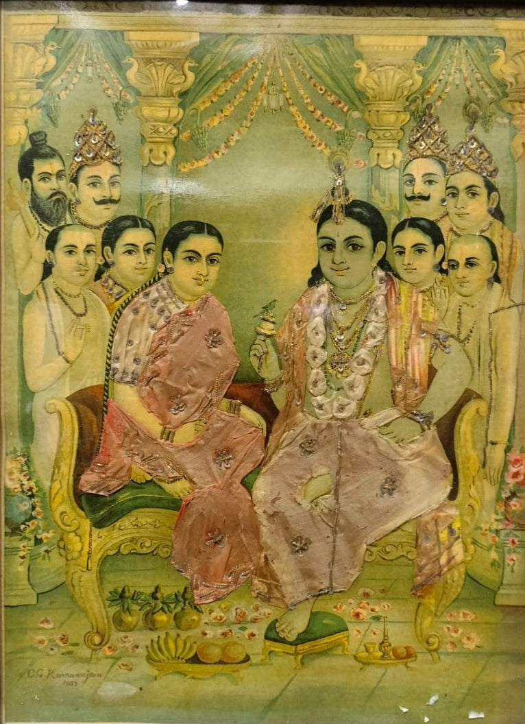 Rukmini Krishna' religious oleograph painting by artist Raja Ravi Varma, 22x17 inch, on paper