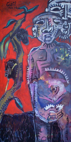 Run Man Run Copy (Figure with Tree and Bird) by Kapil Alaskar, Original Canvas Other Painting on Canvas, Medium Vertical Wall Art