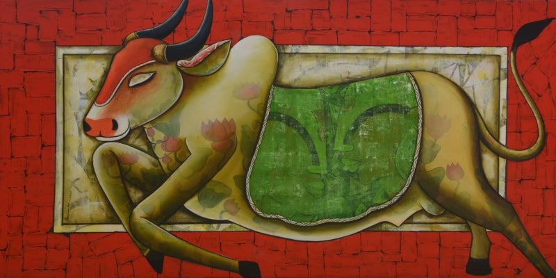 Running Bull' animals acrylic painting by artist Anupam Pal, 36x72 inch, on canvas
