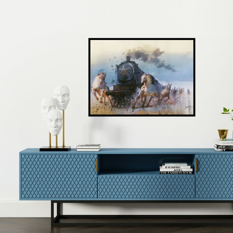 Preview of 'Running Horse And Engine (Untitled)' Painting by Bijay Biswaal shown on a wall in a furnished room.