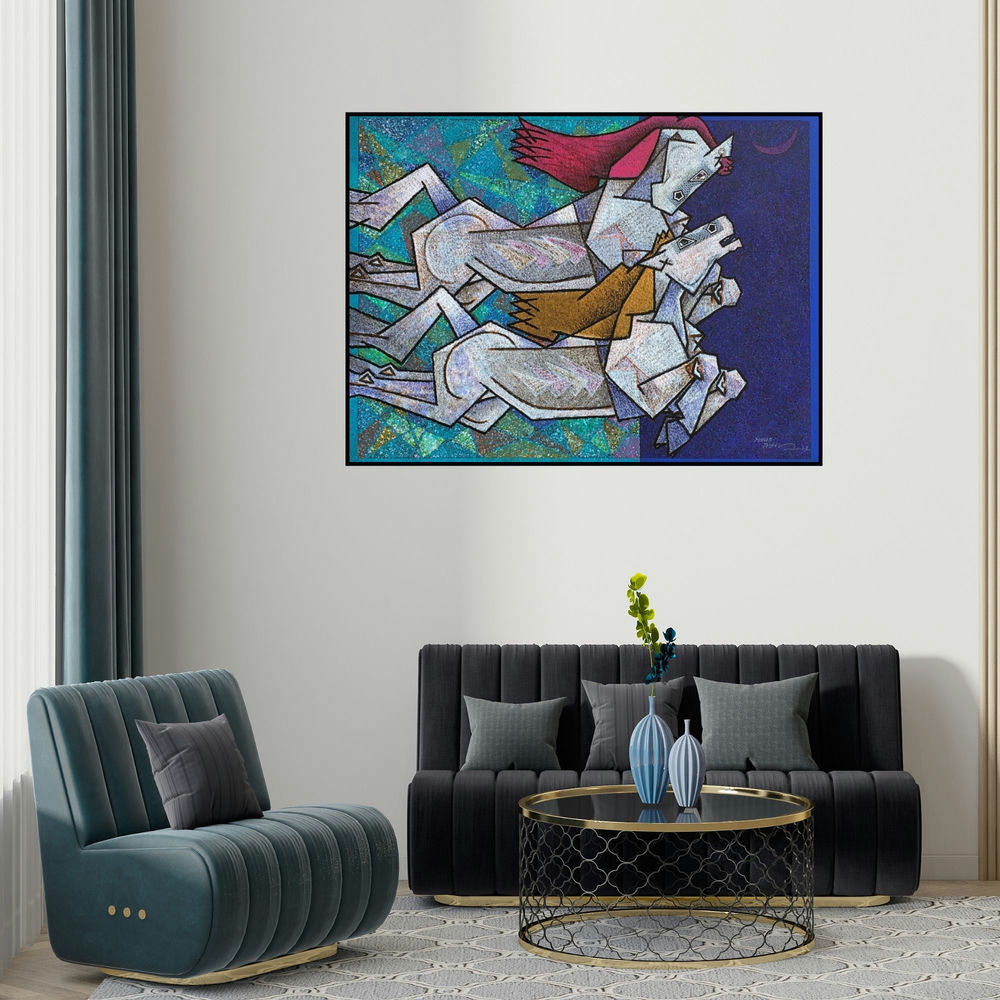 Dinkar Jadhav's 'Running Horses' painting visualized above a sofa in a contemporary room.