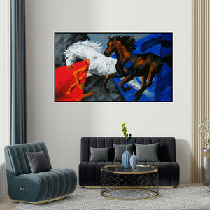 Devidas Dharmadhikari's 'Running Horses 1 (Galloping Horses)' painting visualized above a sofa in a contemporary room.