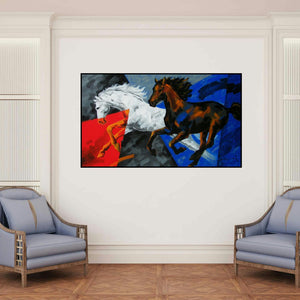 'Running Horses 1 (Galloping Horses)' painting by Devidas Dharmadhikari shown on a wall in a furnished room.