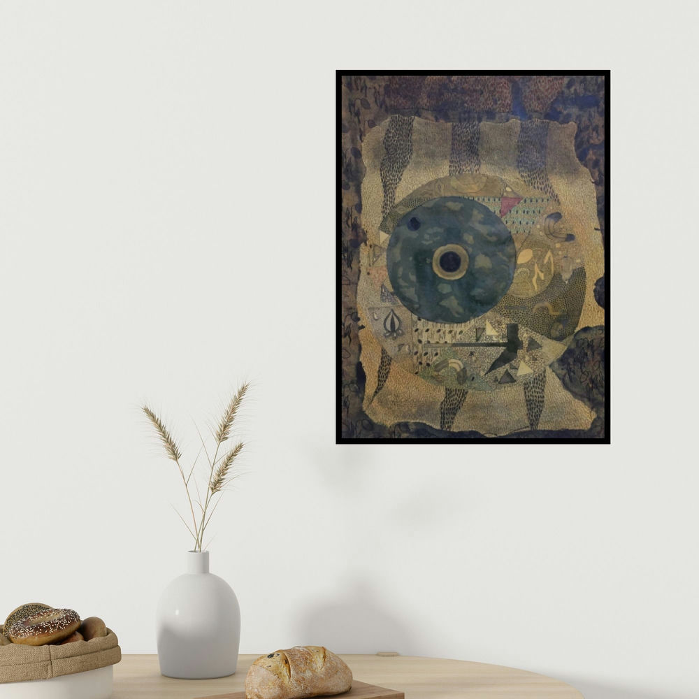 Rahul Pawar's 'Rural Life (The Eye of the Universe)' painting visualized above a sofa in a contemporary room.