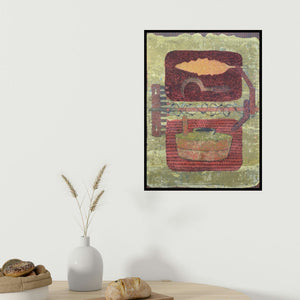 Rahul Pawar's 'Rural Life 3 (Tools of the Trade)' painting visualized above a sofa in a contemporary room.