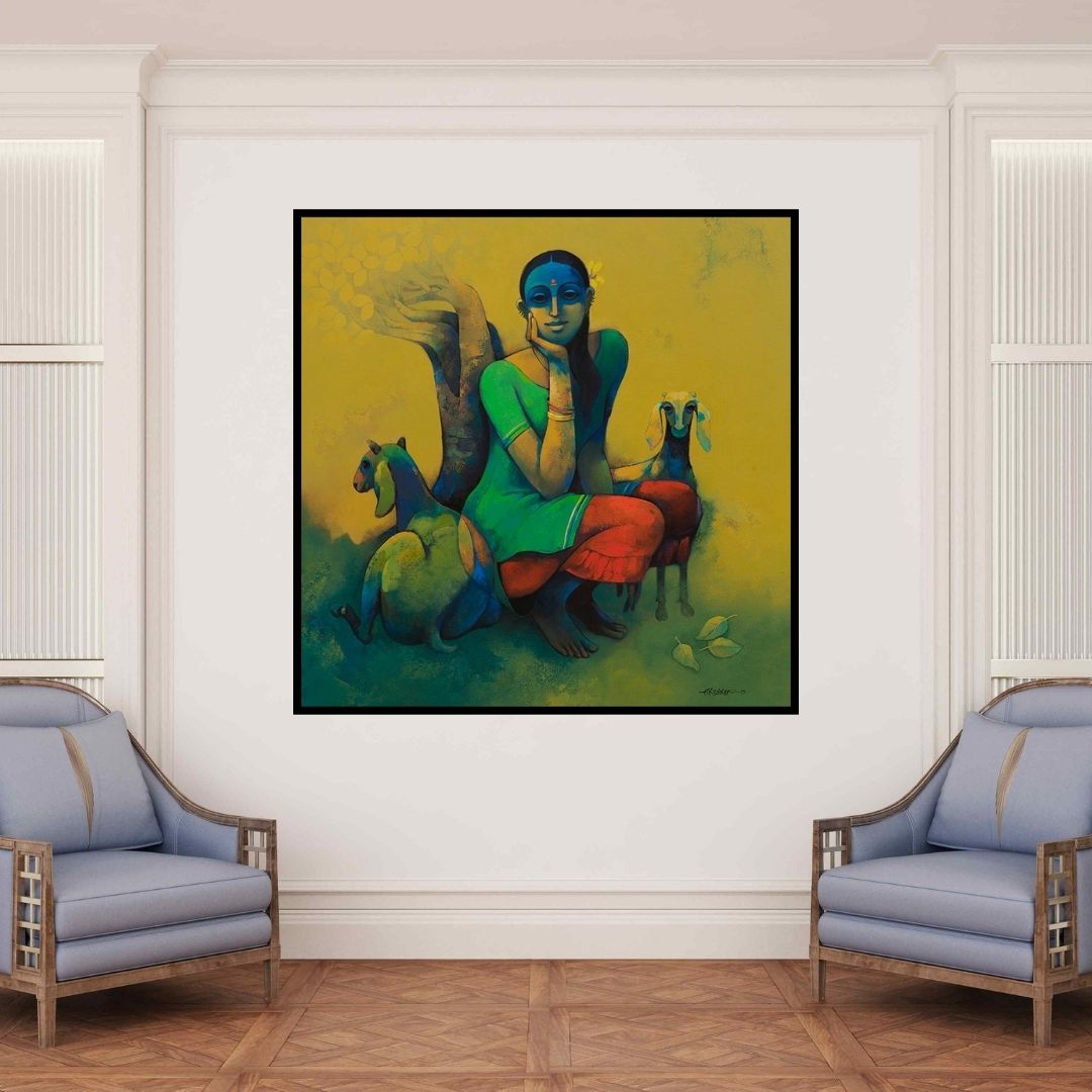 In-situ view of Sachin Akalekar's 'Rural Life (Serene Contemplation)' painting in a room