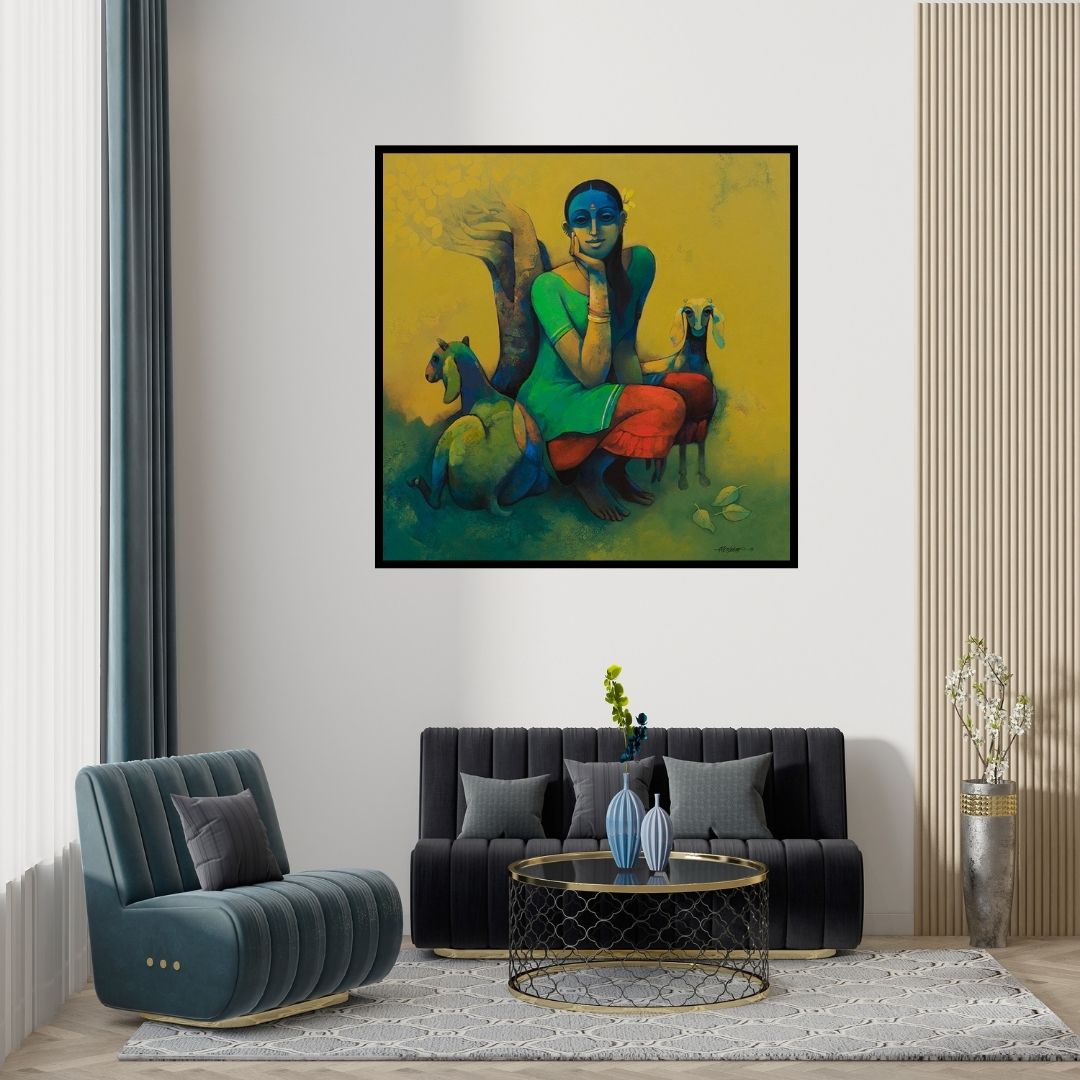 Preview of 'Rural Life (Serene Contemplation)' Painting by Sachin Akalekar shown on a wall in a furnished room.