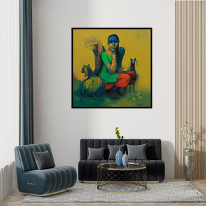 Preview of 'Rural Life (Serene Contemplation)' Painting by Sachin Akalekar shown on a wall in a furnished room.