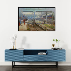 Preview of 'Rush Hour' Painting by Bijay Biswaal shown on a wall in a furnished room.