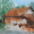 Landscape watercolor painting titled 'Rustic Home 2', 16x18 inches, by artist Rupesh Patil on Paper