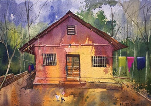Landscape watercolor painting titled 'Rustic Home', 16x18 inches, by artist Rupesh Patil on Paper