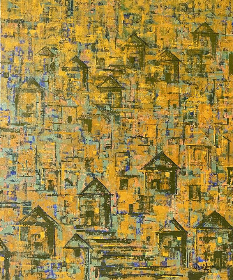 Cityscape oil painting titled 'Rustic Luminouscity', 36x30 inches, by artist Karishma Wadhwa on Canvas