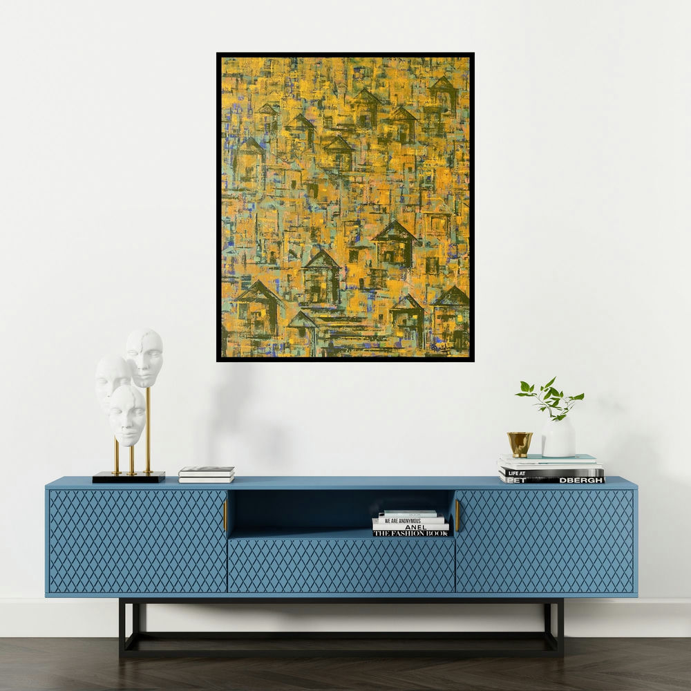 Karishma Wadhwa's 'Rustic Luminouscity' painting visualized above a sofa in a contemporary room.