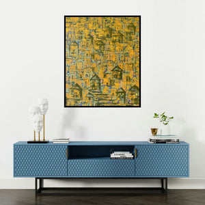 Karishma Wadhwa's 'Rustic Luminouscity' painting visualized above a sofa in a contemporary room.
