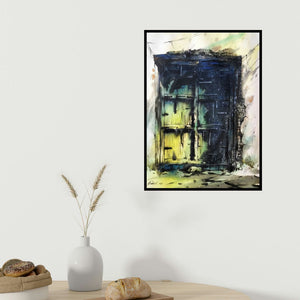 Sadikul Islam's 'Rusty Old Door (Echoes of the Past**)' painting visualized above a sofa in a contemporary room.