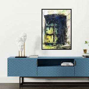 'Rusty Old Door (Echoes of the Past**)' painting by Sadikul Islam shown on a wall in a furnished room.