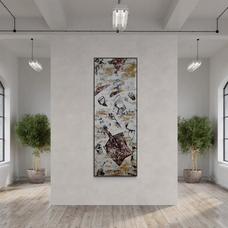 Preview of 'Rusty Tools (Cosmic Dance)' Painting by Dhananjoy Das Painting shown on a wall in a furnished room.