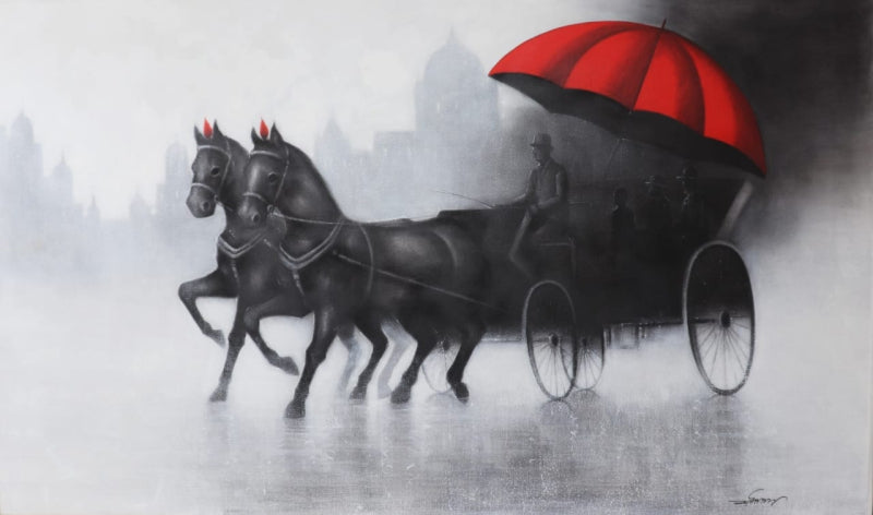 Rythmic Monsoon Ride' figurative acrylic-charcoal painting by artist Somnath Bothe, 36x60 inch, on canvas