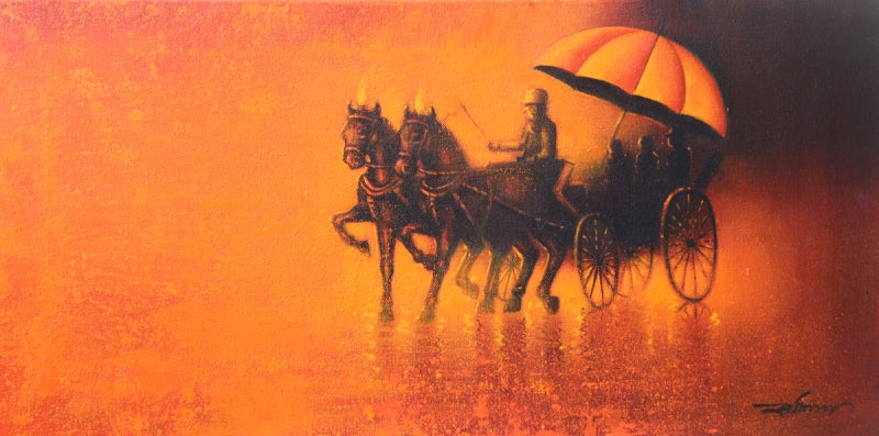Rythmic Monsoon Ride 2' figurative acrylic-charcoal painting by artist Somnath Bothe, 12x24 inch, on canvas