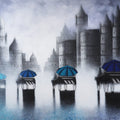 Cityscape acrylic-charcoal painting titled 'Rythmic Monsoon Ride', 36x48 inch, by artist Somnath Bothe on Canvas