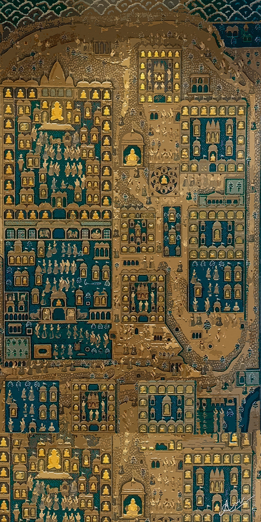 The Sacred Citadel' figurative mixed-media painting by artist Anil Kumar, 72x36 inch, on canvas