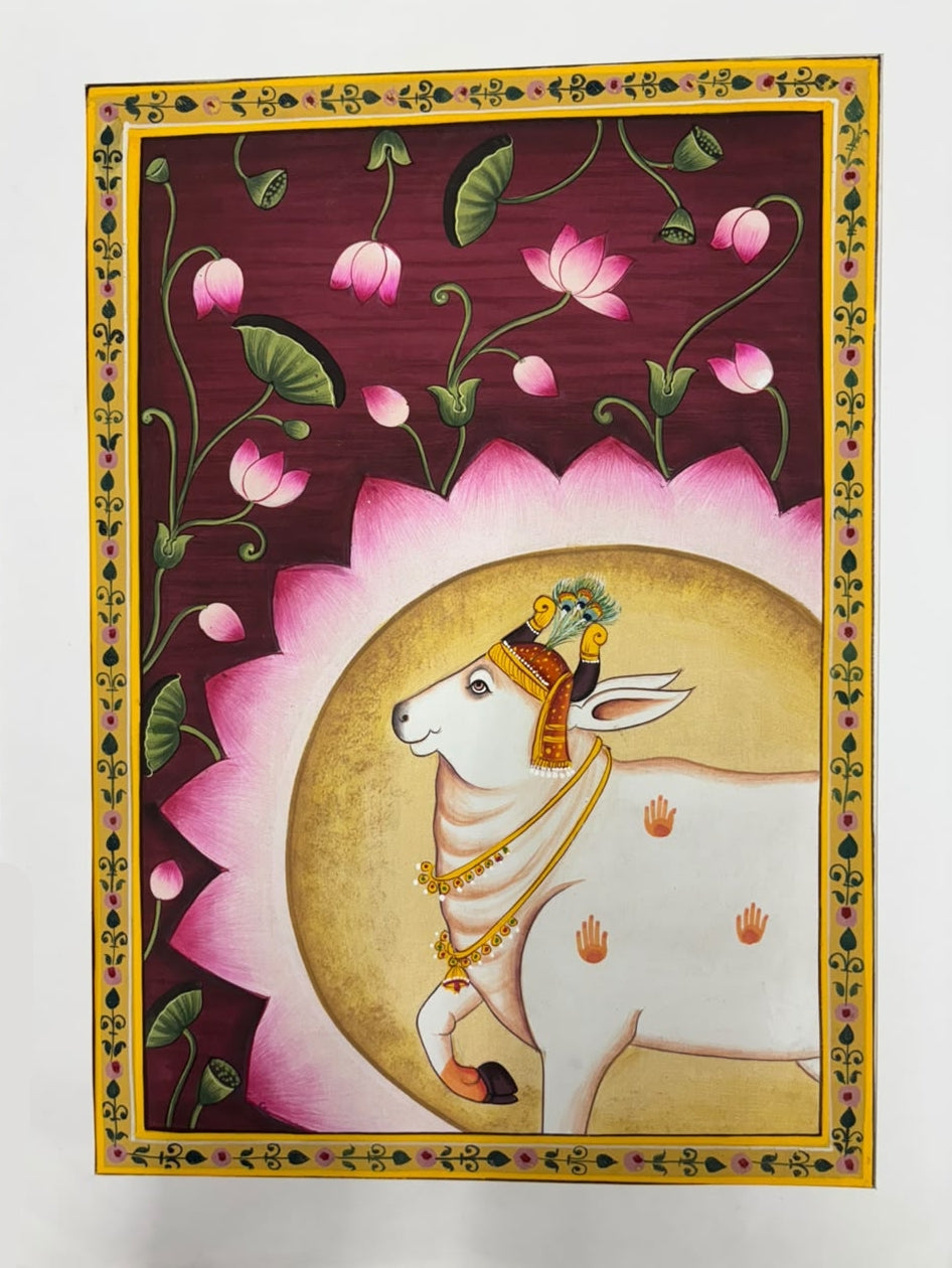 Sacred Cow' animals miniature Traditional Art by artist Unknown, 14x11 inch, on silk