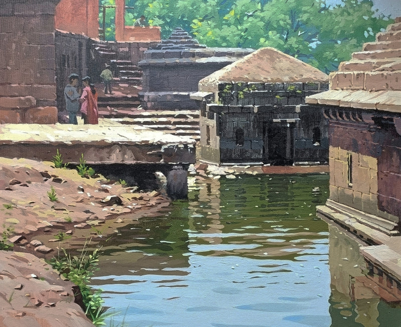 Sacred Flow 2 (Panchganga Ghat)' religious acrylic painting by artist Abhijit Jadhav, 24x30 inch, on canvas
